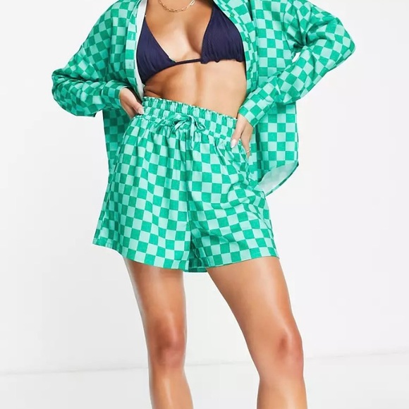 ASOS The Frolic Corallia Checkerboard Shorts Green - Picture 1 of 8